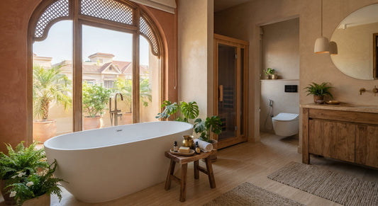 Wellness bathroom interior in Pakistan featuring a freestanding bathtub and organic textures