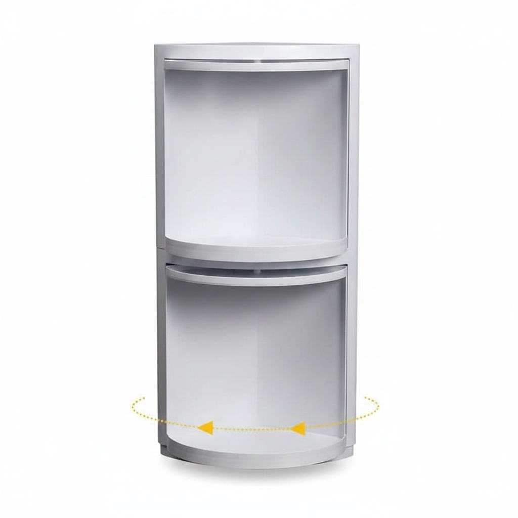 Corner storage cabinet with various items on a dark wall

