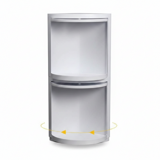 Corner storage cabinet with various items on a dark wall

