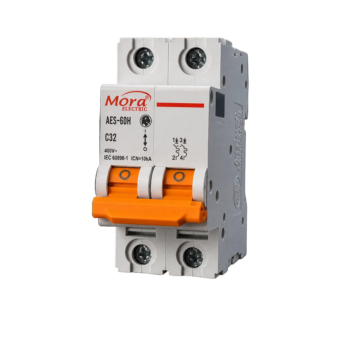 MORA 2P 32A AC MCB circuit breaker for 230/400V electrical panels, shown in the image with switch and connection terminals.