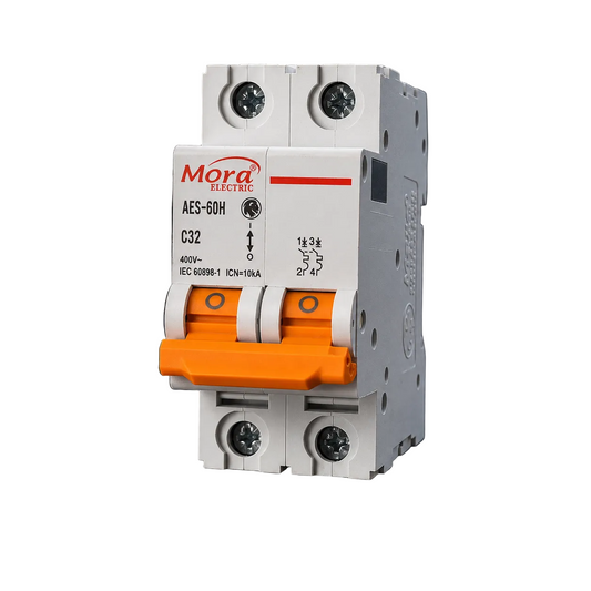 MORA 2P 32A AC MCB circuit breaker for 230/400V electrical panels, shown in the image with switch and connection terminals.