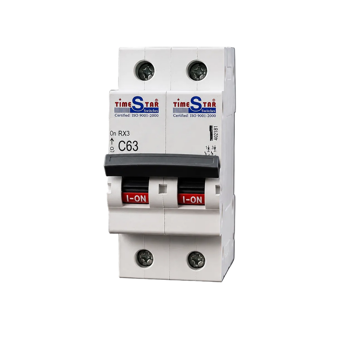Timestar 2P 63A AC MCB circuit breaker with 230/400V in black and silver, showing the front view of the electrical device.