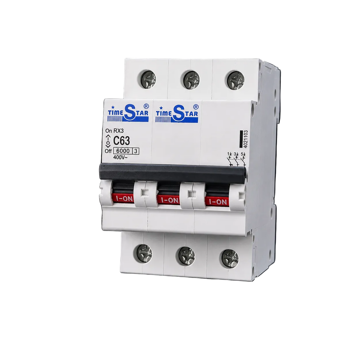 Timestar 3-phase 32A and 63A AC MCB circuit breaker for 230/400V electrical protection, shown in the image.