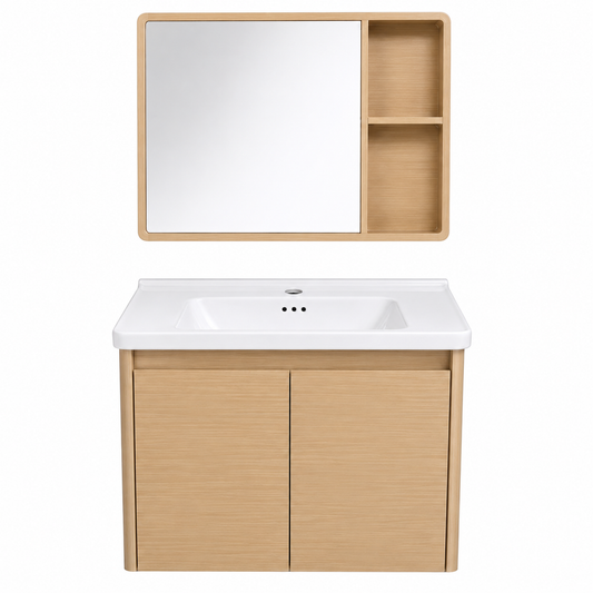 Wahkit Natural Oak Bathroom Vanity with 24-inch countertop, modern design, featuring storage drawers and sleek wood finish.