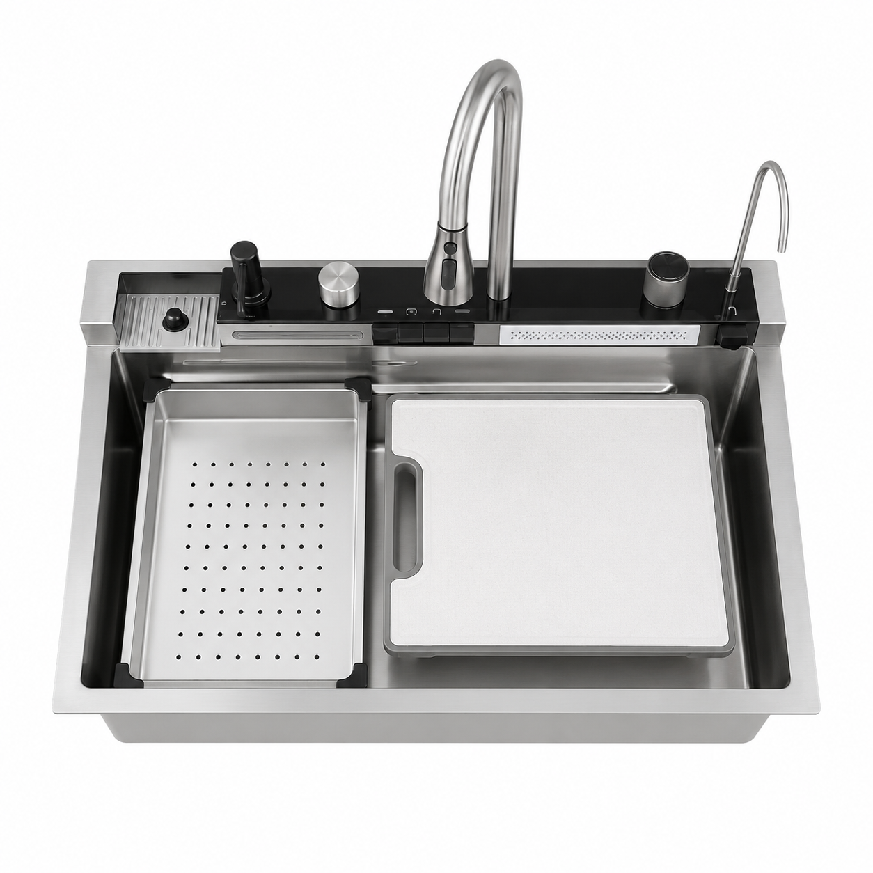Modern drop-in workstation kitchen sink with cutting board and colander