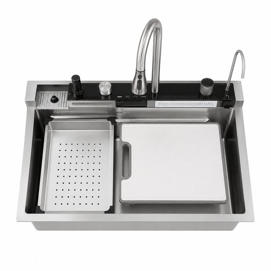 Modern drop-in workstation kitchen sink with cutting board and colander