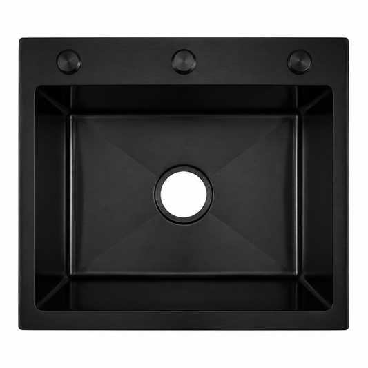 Black single basin kitchen sink from Hijazi Electric and Sanitary, showing a sleek, modern design with a smooth basin surface.