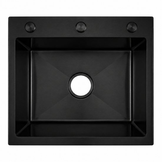 Black single basin kitchen sink from Hijazi Electric and Sanitary, showing a sleek, modern design with a smooth basin surface.
