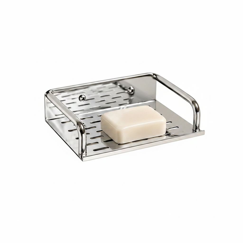 A chrome soap dish mounted on a marble wall, holding a bar of soap. The image includes marketing text highlighting features like self draining, rust and corrosion resistance, premium quality, and easy installation.

