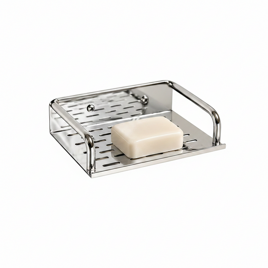 A chrome soap dish mounted on a marble wall, holding a bar of soap. The image includes marketing text highlighting features like self draining, rust and corrosion resistance, premium quality, and easy installation.

