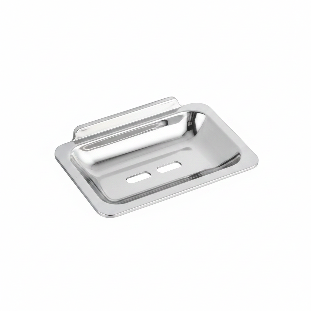 Chrome stainless steel soap dish with a sleek rectangular design and two drainage holes, shown on a beige background with feature callouts and small inset detail views.


