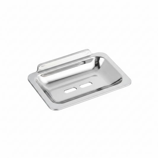 Chrome stainless steel soap dish with a sleek rectangular design and two drainage holes, shown on a beige background with feature callouts and small inset detail views.

