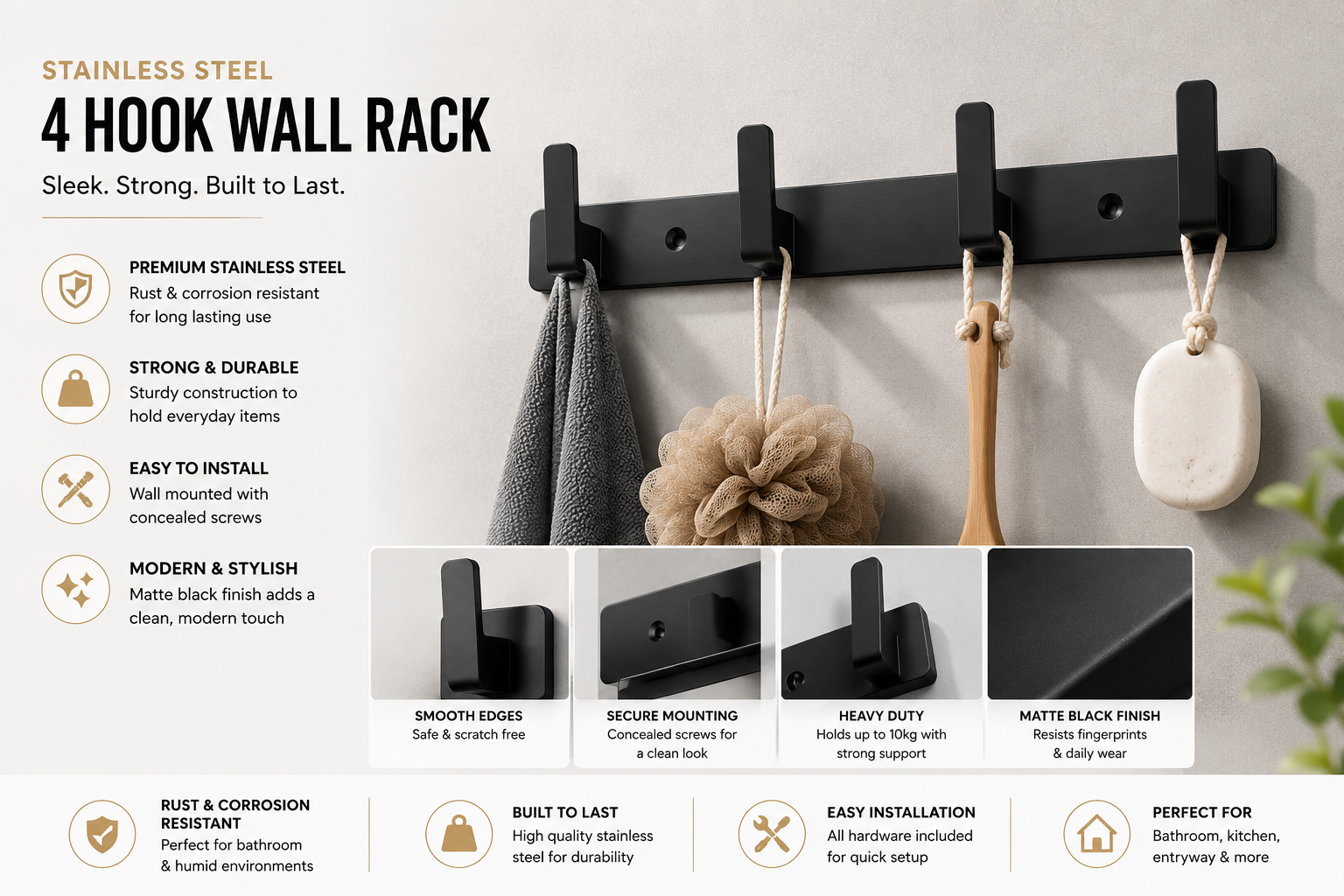 Wall 4 Hook Rack