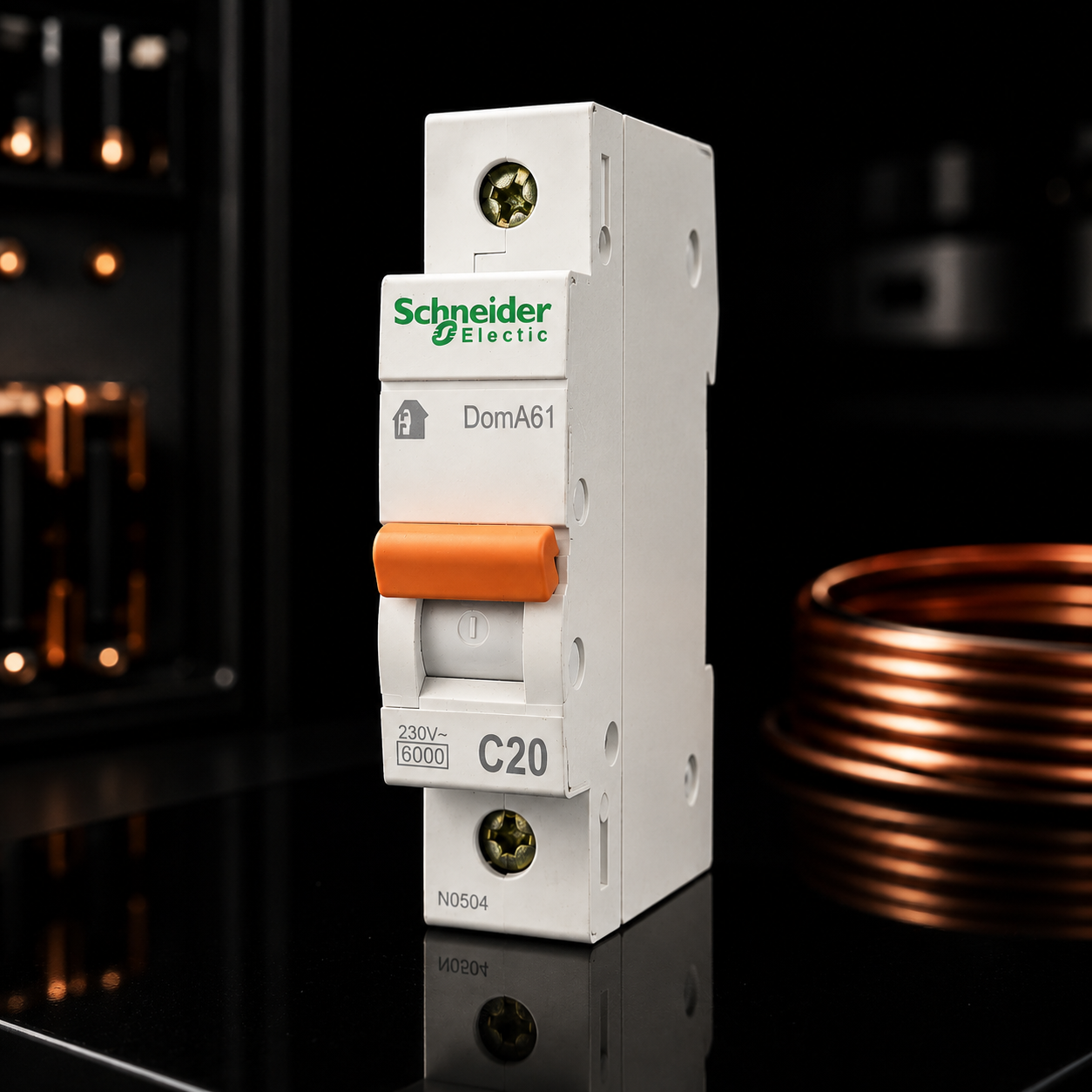 Schneider Breaker 1P 20A electric circuit breaker with black switch and white body, mounted on a panel.