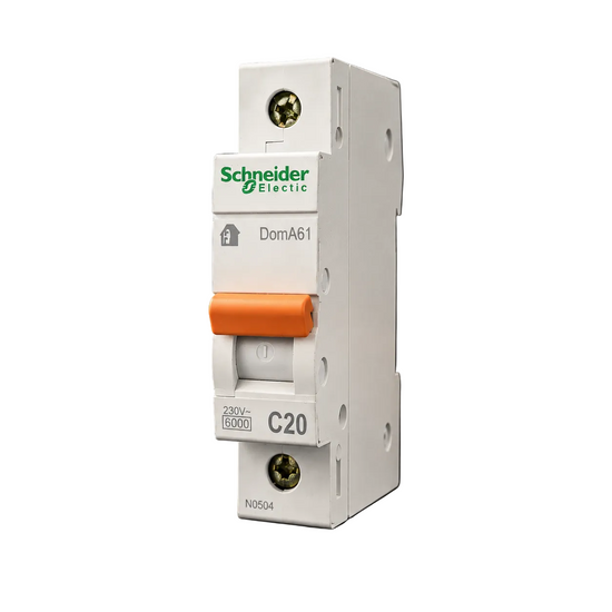 Schneider Breaker 1P 20A electric circuit breaker with black switch and white body, mounted on a panel.