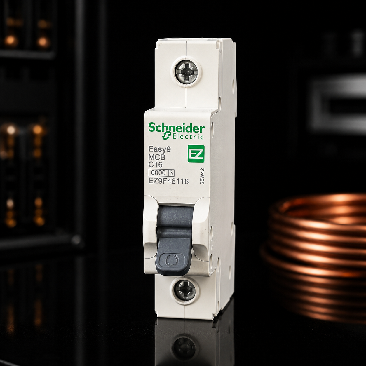 Schneider Easy9 16A single-pole breaker switch for electrical safety and circuit protection, shown in a close-up image.