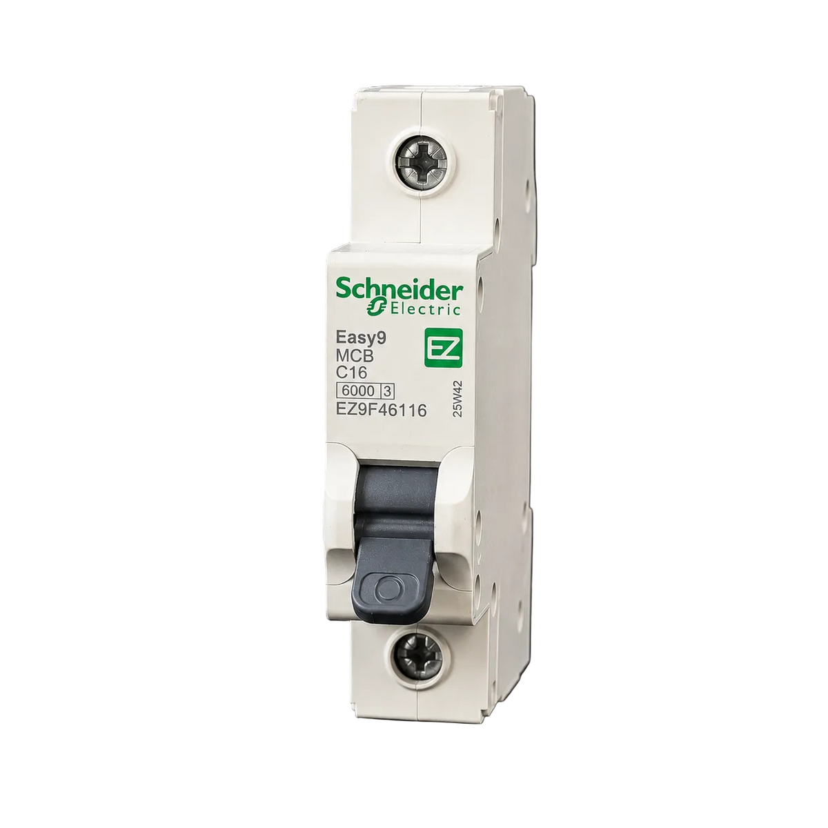 Schneider Easy9 16A single-pole breaker switch for electrical safety and circuit protection, shown in a close-up image.