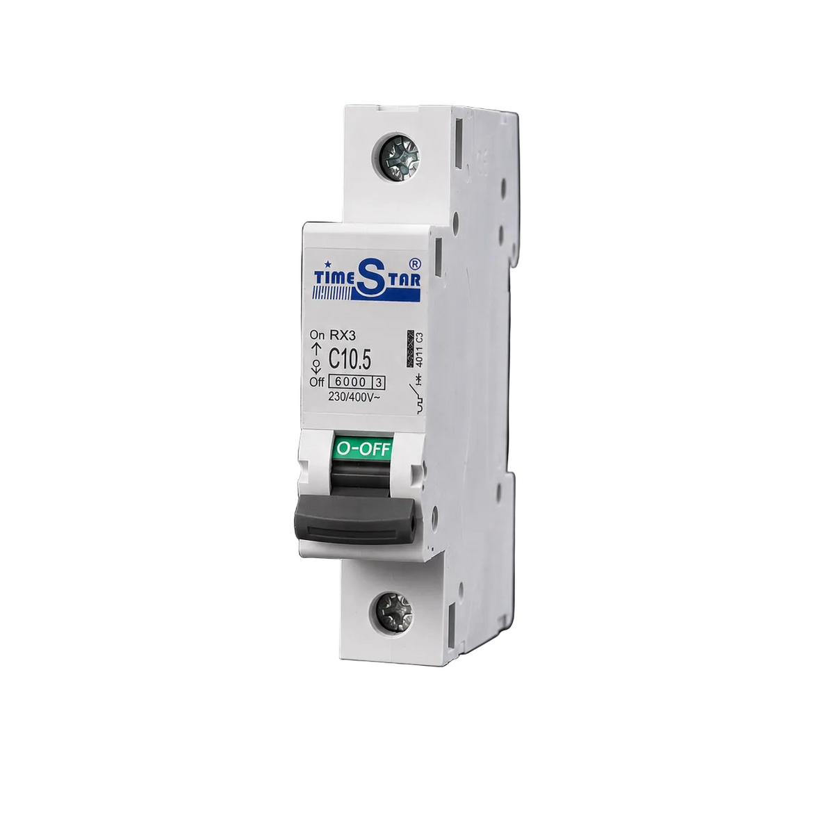 Timestar 1P 10A AC MCB circuit breaker with 230/400V voltage rating, shown with switch and mounting terminal connections.