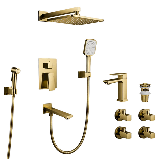 Ruman Sanitary Fittings PORTA HD 816 Brush Gold concealed shower set with modern bathroom fixtures and gold finish.