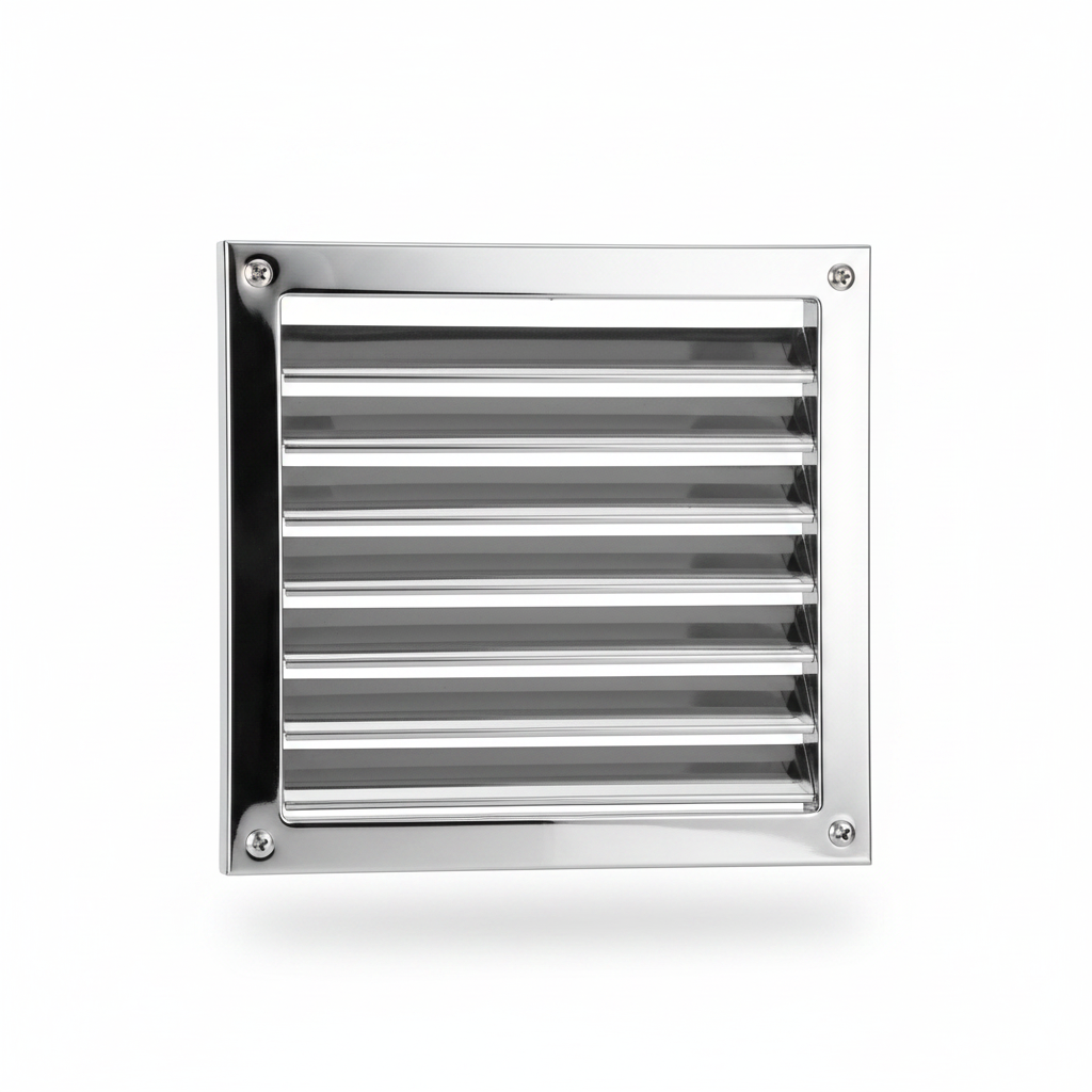 Stainless steel shutter vent cover for exhaust ventilation, designed by Hijazi Electric and Sanitary, with louvered blades for airflow.