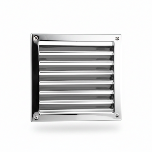 Stainless steel shutter vent cover for exhaust ventilation, designed by Hijazi Electric and Sanitary, with louvered blades for airflow.