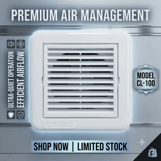 White plastic exhaust vent cover by Hijazi Electric and Sanitary, showcasing a smooth, rectangular air vent for ceiling or wall installation.