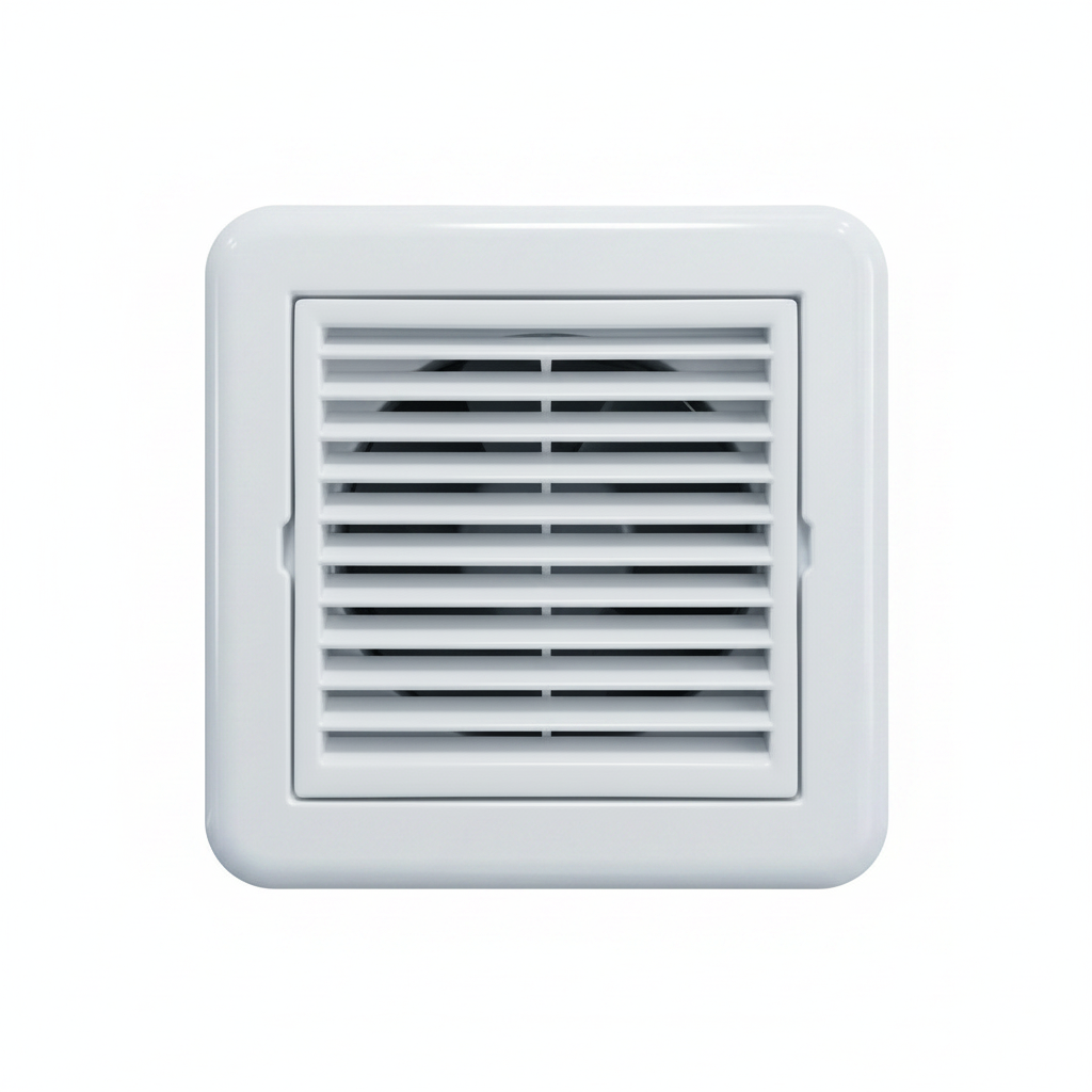 White plastic exhaust vent cover by Hijazi Electric and Sanitary, designed for air vents and ventilation systems.