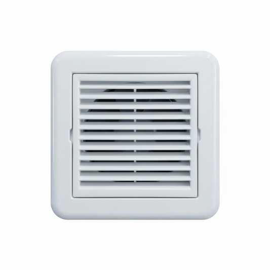 White plastic exhaust vent cover by Hijazi Electric and Sanitary, designed for air vents and ventilation systems.