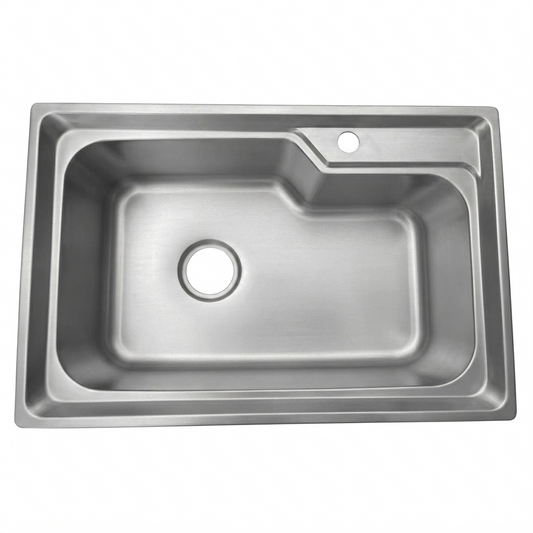 L-shaped single-bowl kitchen sink by Hijazi Electric and Sanitary, showcasing its stainless steel design and spacious basin.