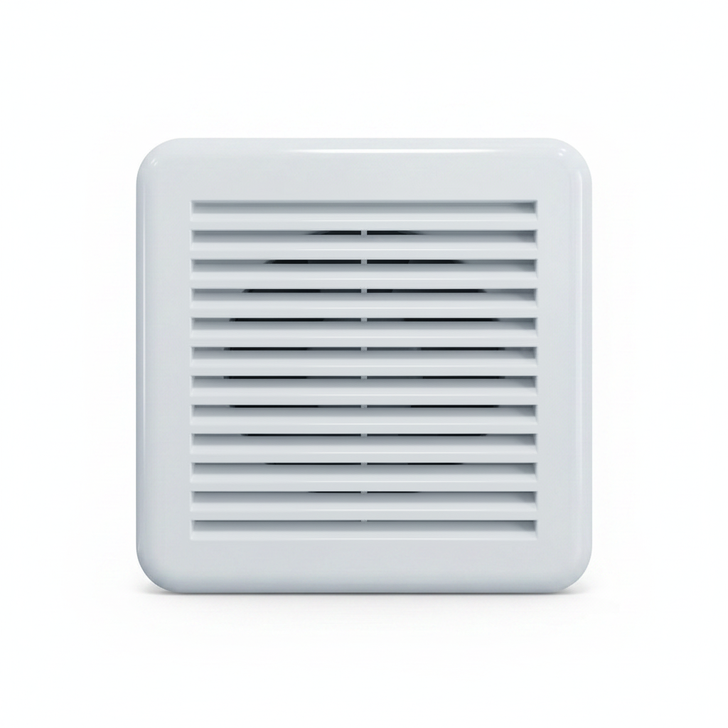 White plastic exhaust vent cover by Hijazi Electric and Sanitary, designed for ventilation systems, shown mounted on a wall.