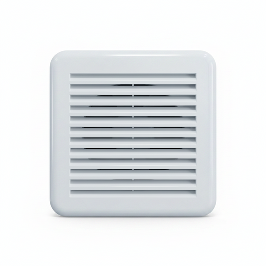 White plastic exhaust vent cover by Hijazi Electric and Sanitary, designed for ventilation systems, shown mounted on a wall.