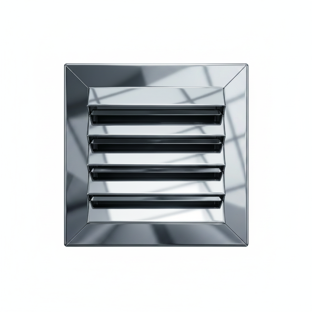 Exhaust vent cover with shutter and jali design by Hijazi Electric and Sanitary, showcasing metal louvered ventilation for walls or ceilings.