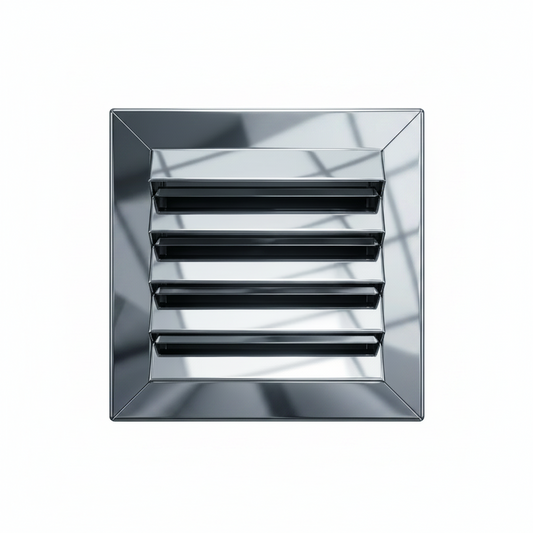 Exhaust vent cover with shutter and jali design by Hijazi Electric and Sanitary, showcasing metal louvered ventilation for walls or ceilings.