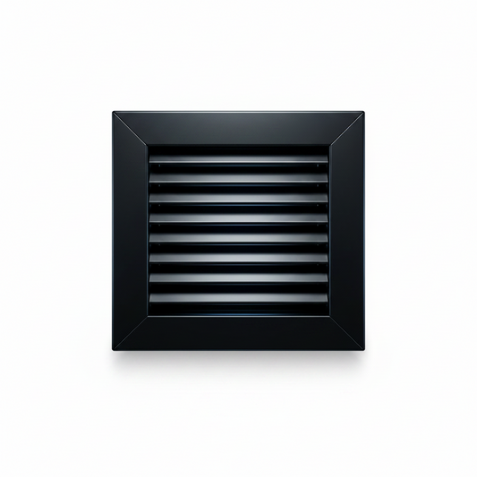 Matte black steel exhaust vent cover with a sleek, functional design, suitable for ventilation systems.