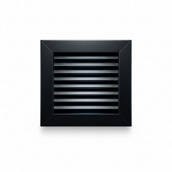 Matte black steel exhaust vent cover with a sleek, functional design, suitable for ventilation systems.