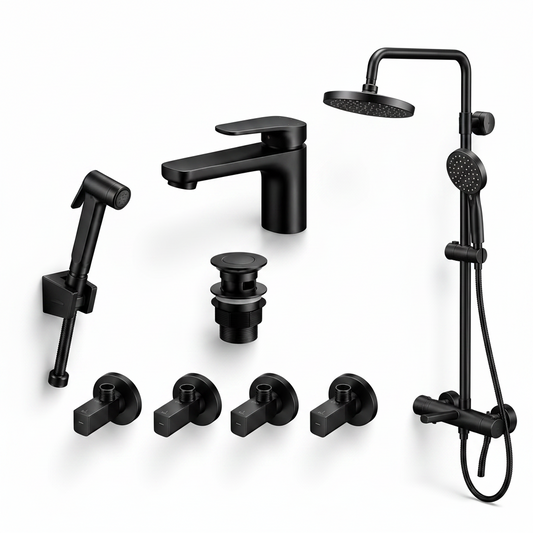 Black metal bathroom set PORTA HD Model 291YA by Ruman Sanitary Fittings, featuring modern design and durable metal construction.