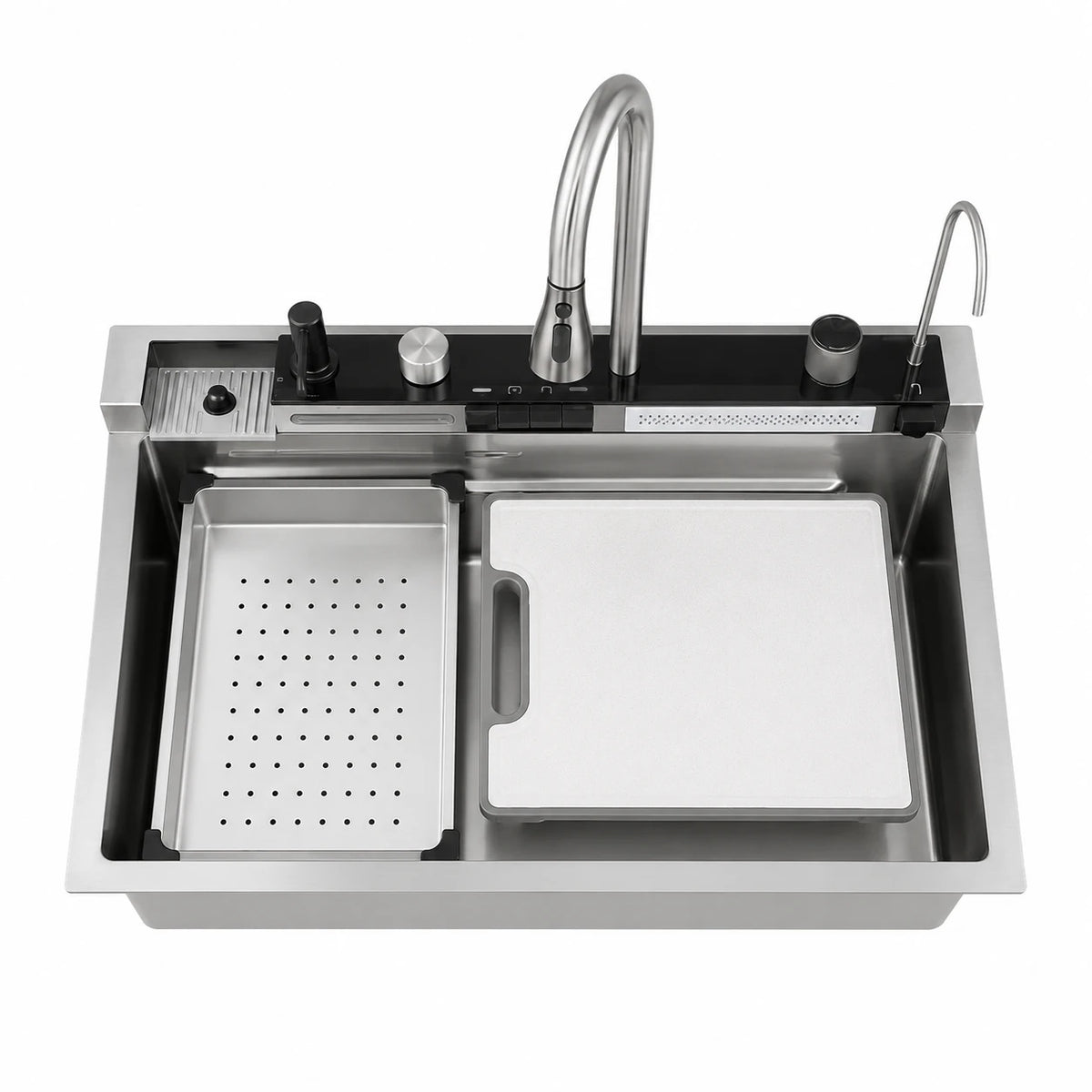 Multifunctional Smart Stainless Steel Workstation Kitchen Sink with Pull-Down Faucet, Glass Rinser, Colander Basin and Cutting Board – Brushed Satin Finish | Hijazi Electric and Sanitary