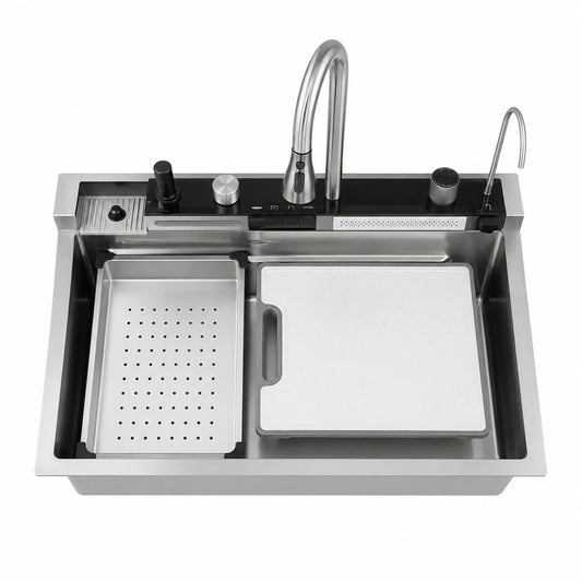 Multifunctional Smart Stainless Steel Workstation Kitchen Sink with Pull-Down Faucet, Glass Rinser, Colander Basin and Cutting Board – Brushed Satin Finish | Hijazi Electric and Sanitary
