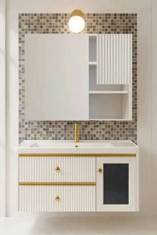 Rankoli Platinum vanity set bathroom vanity with sleek countertop, mirror, and storage drawers, RAN-U-865 model.
