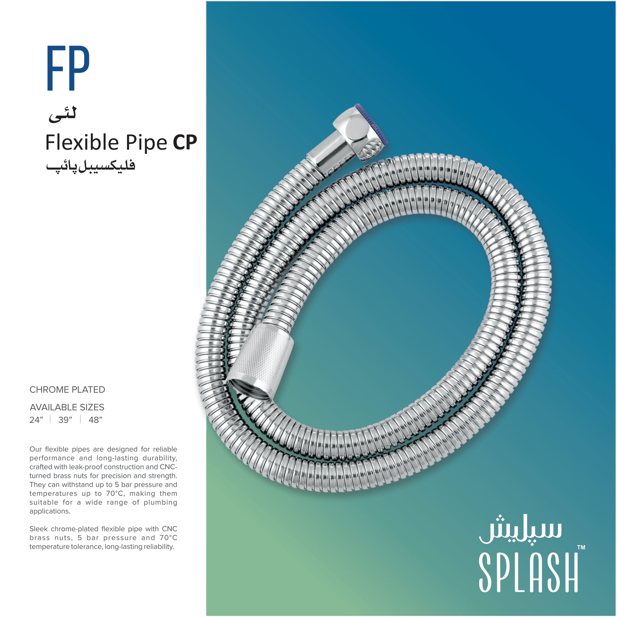 Splash FP Flexible Pipe CP Premium Chrome-Plated High-Pressure Connection Hose with CNC Brass Nuts