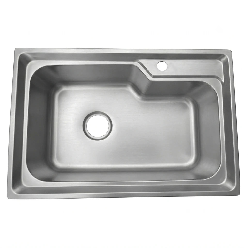 Single Bowl L-Shaped Stainless Steel Kitchen Sink with Brushed Satin Finish and Pre-Drilled Accessory Deck Hole – Corner Topmount Installation | Hijazi Electric and Sanitary