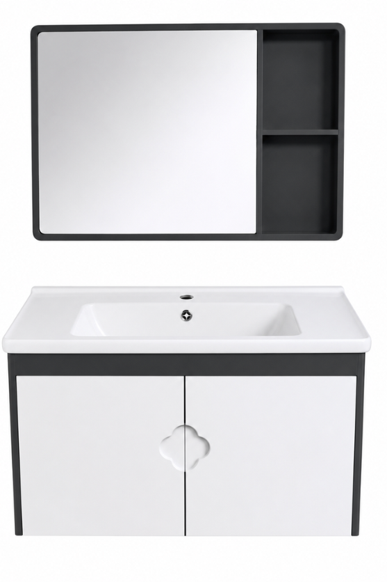Wahkit 32-inch bathroom vanity K-9984A with a sleek wooden cabinet and countertop, featuring modern design elements.