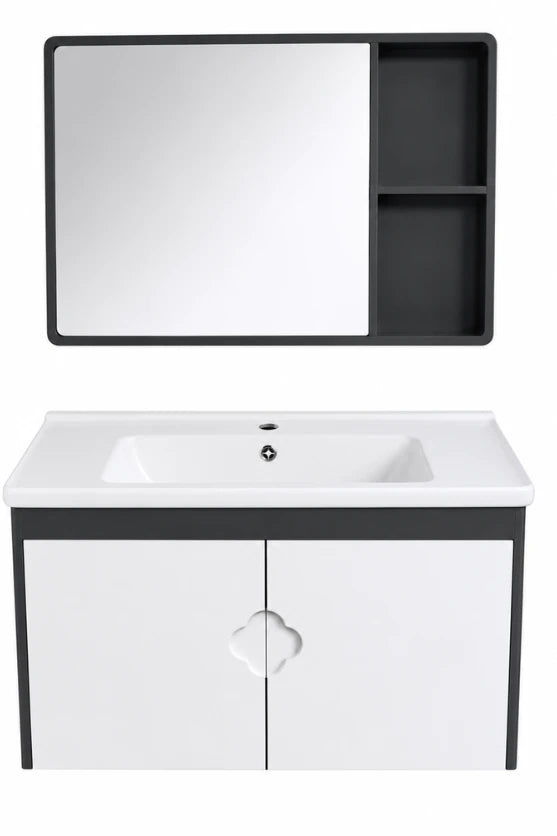 Wahkit Black and White Bathroom Vanity Set 32 Inch with clover-shaped handles and storage mirror – Model K-9984A by Hijazi Electric and Sanitary