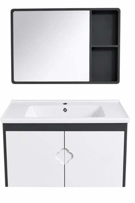 Wahkit Black and White Bathroom Vanity Set 32 Inch with clover-shaped handles and storage mirror – Model K-9984A by Hijazi Electric and Sanitary