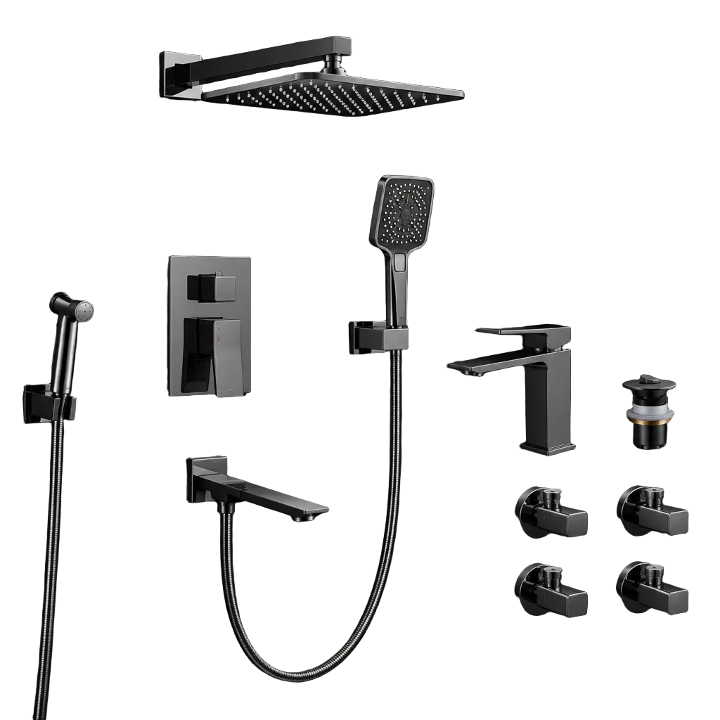 Concealed shower set in gun metal finish from PORTA HD 816 by Ruman Sanitary Fittings, featuring modern bathroom fixtures and controls.