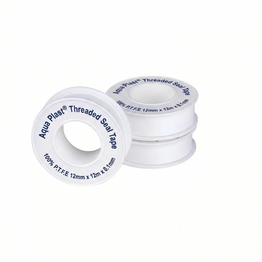 Aqua Plast Teflon tape for plumbing, 100% pure Teflon tape rolled in a spool, used for sealing pipe threads.