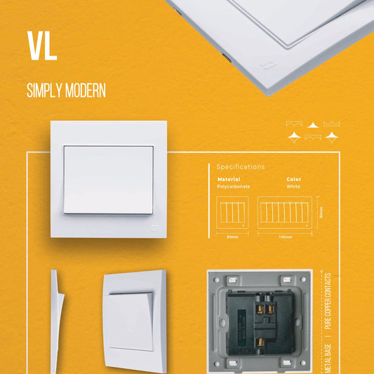 TJ VL Series electric switches displayed in the product booklet, showcasing various switch models and technical features.