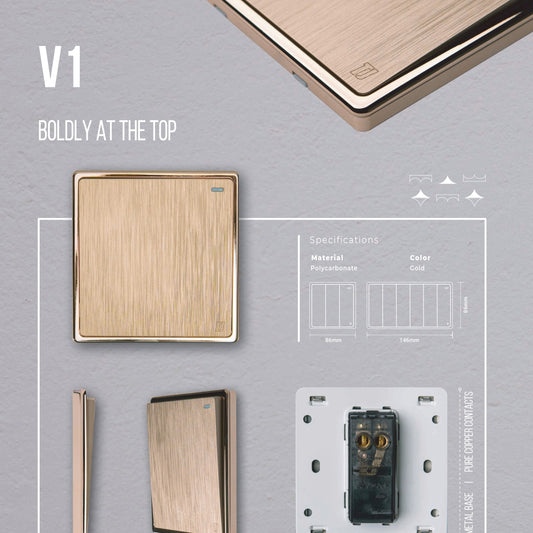 TJ V-Series Electric Switches booklet page, showing detailed images of V1 series switches with labels and specifications.