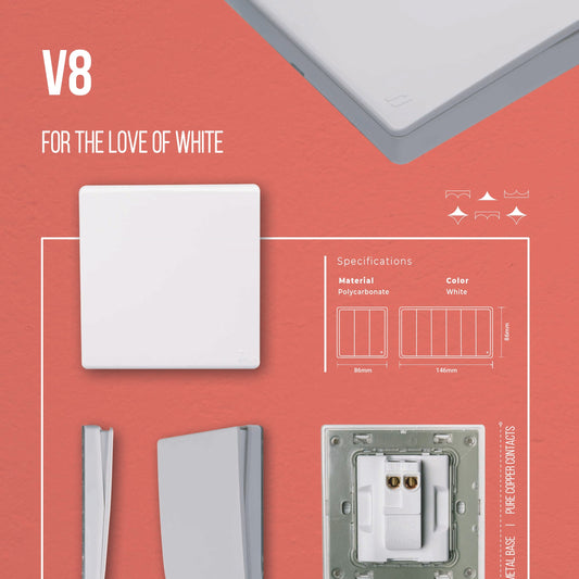 TJ V8 Series electric switches shown in the product booklet, featuring sleek design and detailed specifications.