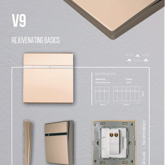 TJ V9 Series electric switches shown in the booklet, featuring detailed views of the TJ switches' design and wiring options.